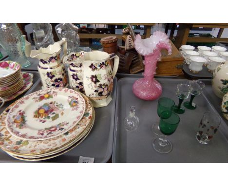 Two trays of china and glassware: Mason's Ironstone 'Mandarin' jugs, Mason's 'Fruit Basket' plate and various other Mason's p
