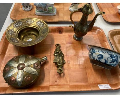 Collection of Islamic brass, copper and white metal inlaid design items, to include: circular flask, ewer jug, pedestal bowl 