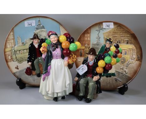Royal Doulton bone china figurines: 'The Balloon Man' and 'Biddy Pennyfarthing'.  Together with two Royal Doulton plates: 'Th