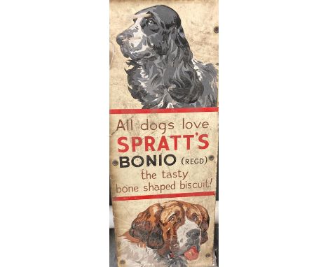 Single sided vintage enamel sign 'All Dog's Love Spratt's Bonio, The Tasty Bone Shaped Biscuit!'. 62x23.5cm approx. (B.P. 21%