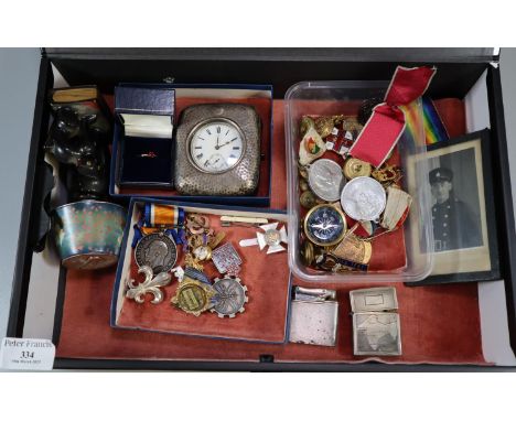 18ct gold and ruby ring, silver pocket watch holder, silver pocket watch WWI medal, military photograph, lamp and cat shaped 