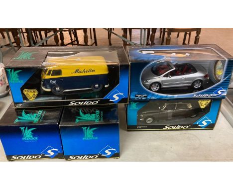 Five Solido metal diecast model vehicles in original boxes, to include: Peugeot 307cc, Citroen Berline 1963, VW Combi etc.  (