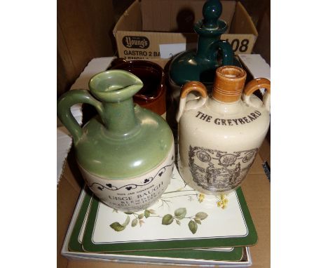Box with three stone bottles/jars, one Tullamore Dew Irish Whiskey, The Grey Beard, stamped 'Federal Law forbids sale or Re-u