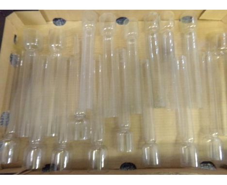 Box of narrow glass oil lamp chimneys (19), various makes, one marked 'Griffin Brand, Made in Belgium', one marked 'Made in S