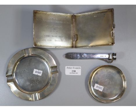Silver presentation engine turned cigarette case.  4.8 troy ozs approx.  together with a silver cigar cutter with Chester hal