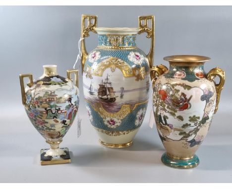 Three Noritake porcelain two handled vases depicting oriental scenes and one with ships at sea.  (3)  (B.P. 21% + VAT) 