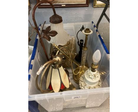 Box of lamps and lightshades to include: ceramic lamp base with relief floral design, various metal lamp bases; one with moul