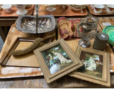 Two trays of assorted items, to include: brush and crumb scoop, silver plated cake basket with swing handle, pair of miniatur
