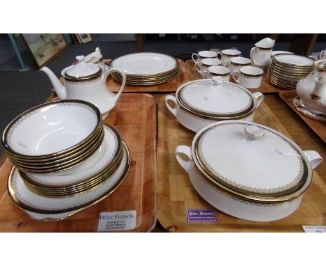 Four trays of Royal Albert 'Clarence' tea and dinner ware: six place settings of dinner plates, side plates, bowls, tea plate