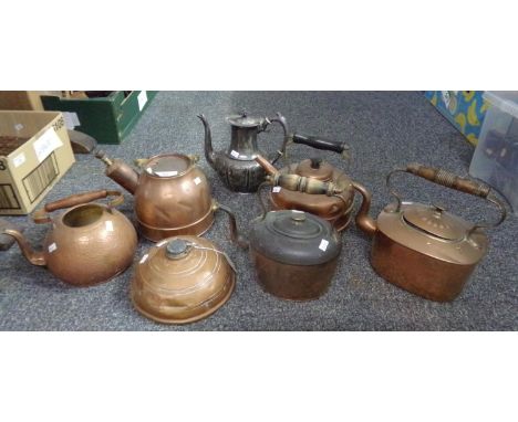 Box of mainly copper ware: four copper kettles (one missing lid) and a vintage electric copper kettle with whistle, a 'Wafax'