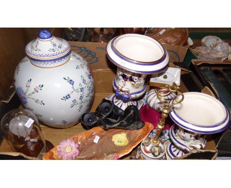 Box of assorted china: Shorter &amp; Sons, Staffordshire hand painted oval dish, large Capodimonte bell, glass hot air balloo