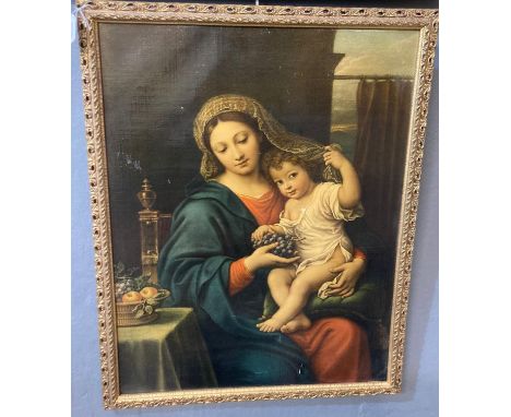 Two good quality devotional portrait studies of The Virgin Mary, after The Old Master, coloured prints laid on canvas.  72x53
