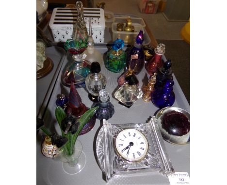 Tray of assorted glass scent bottles: two Art Deco style black and clear glass scent bottles, Murano style scent bottle, cut 