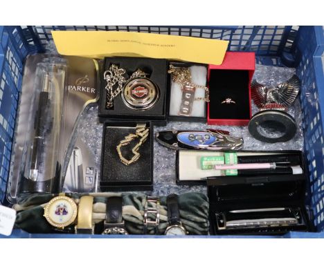 Collection of assorted writing instruments, modern dress watches, Harley Davidson pocket knife, harmonica, Harley Davidson po