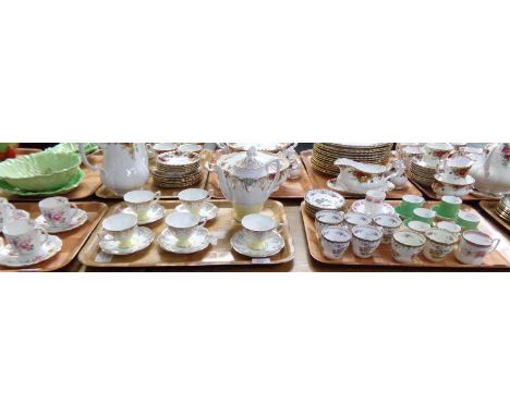 Three trays of china: six Royal Crown Derby 'Derby Posies' coffee cups and saucers, five Ashley Fine bone china cups and sauc