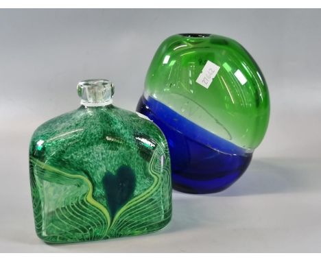 Skrdlovice Glassworks vase by Ladislav Palecek in cobalt blue green and clear glass. 16cm high approx. together with green an