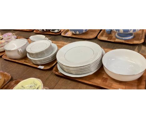 Two trays of Noritake porcelain 'Georgian silver' design dinnerware, to include: plates, lidded tureen, gravy boat on stand e