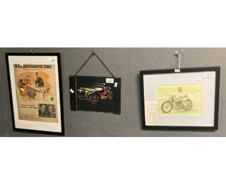 Framed print of a vintage motorcycle racer, believed to be Eddy Stephens (well known local motorcycle dealer to Carmarthen an