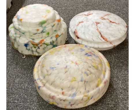 Three Art Deco design marble finish glass ceiling lights. (B.P. 21% + VAT)  All three have hooks (two have paint covered hook