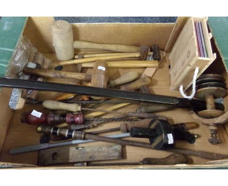 Box of vintage wooden tools: mallet, croquet mallets, possibly cobbler's hammer, vintage D R A Bone &amp; Sons brass and wood