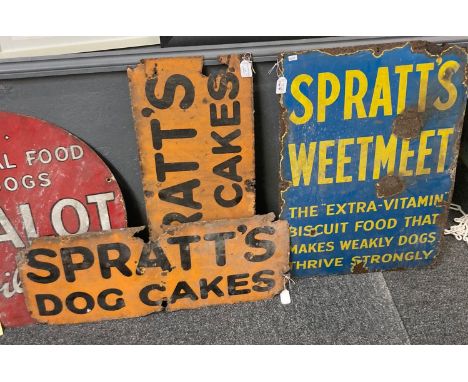 Three vintage enamelled signs, 'Spratt's dog cakes' (2) together with Spratt's Weetmeet, the extra vitamin biscuit food that 