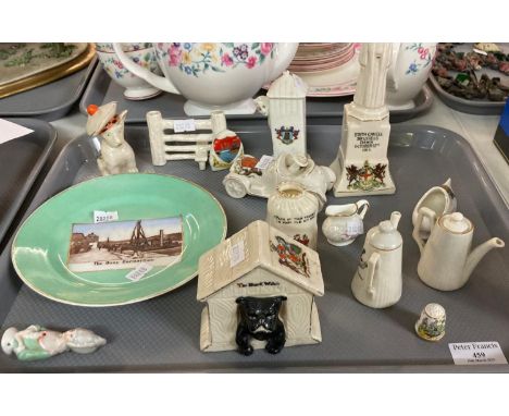 Tray of Crested ware, to include: Edith Cavell Brussels Dawn October 12th 1915 monument, vintage car, teapots, scotty dog, Ge