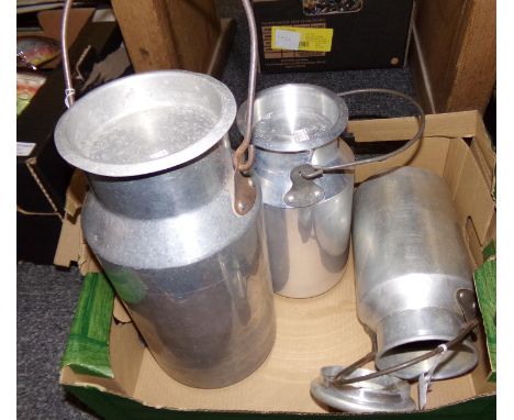 Box containing three vintage aluminium milk cans/carriers.  (3)   (B.P. 21% + VAT) 