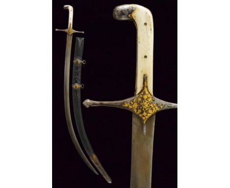 dating: 18th/19th Century provenance: Persia, Flat, curved, single-edged blade, in fine damask, of a good quality. Iron hilt 