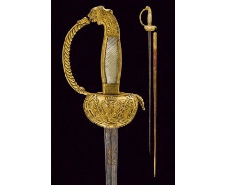 dating: circa 1800 provenance: Piedmont, Triangular blade with gilded engravings at the base. Gilded, brass hilt, shell-guard