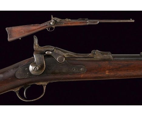 dating: 1885-90 provenance: USA, Round, rifled, cal. 45-70 barrel, with fore-sight and adjustable and foldaway rear sight, re