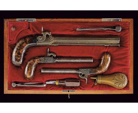 dating: Mid 19th Century provenance: Liege, One percussion pistol with micro-rifled, 15 mm cal. barrel, in damask, with fore-