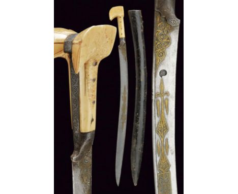 dating: 19th Century provenance: Turkey, Curved, single-edged blade with thin groove on the back, decorated with Arabic inscr