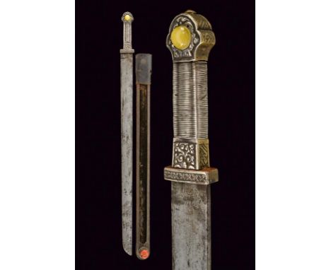 dating: Late 19th Century provenance: Tibet, Heavy, straight, single-edged blade; copper grip covered with silver mounts, eng