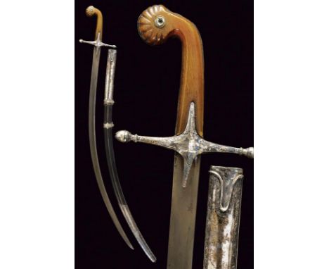 dating: 19th Century provenance: Turkey, Curved, flat, single-edged blade, in fine damask. Silver hilt, with cross-quillon an