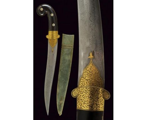 dating: 20th Century provenance: India, Curved, double-edged, damascened blade, base finely decorated with golden floral moti