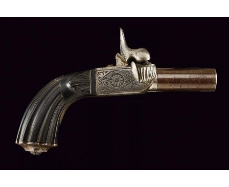 dating: Mid 19th Century provenance: Europe, Round, rifled, finished, 8 mm cal. barrel; box-lock type frame, finely engraved 