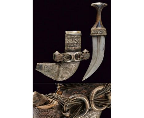 dating: Late 19th Century provenance: Yemen, Typical, curved, double-edged blade, with central raiser. Horn grip, with silver