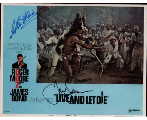 James Bond actors signed print. 16 x 12 inch colour print of a lobby card from the James Bond film Live and Let Die. Autograp