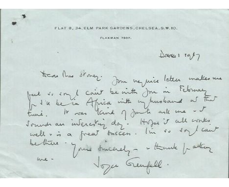 Joyce Grenfell signed handwritten letter. Half sized page, handwritten and signed by Joyce Grenfell (1910 - 1979) is best kno