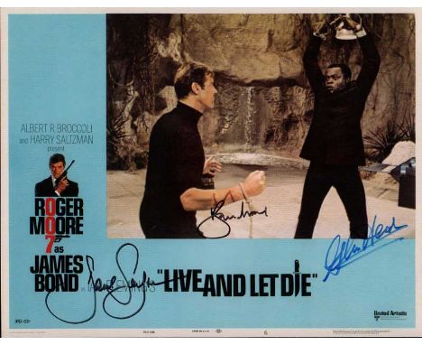 James Bond actors signed print. 16 x 12 inch colour print of a lobby card from the James Bond film Live and Let Die. Autograp