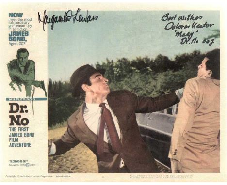 Marguerite LeWars and Dolores Keator autographed James Bond print. Print, measuring 16x12 inches taken from a lobby card for 