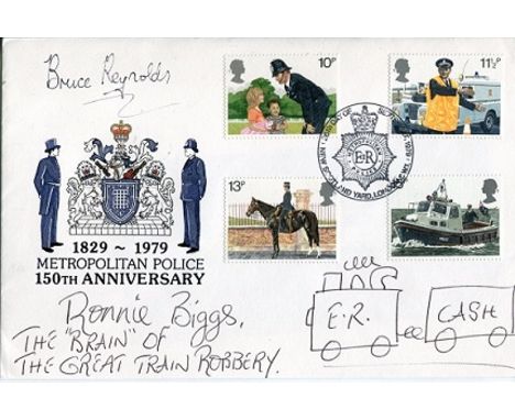  THE GREAT TRAIN ROBBERY: Police FDCsigned by Train Robbers participants Bruce Reynolds and Ronnie Biggs who hasdoodled a tra