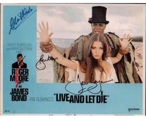 James Bond actors signed print. 16 x 12 inch colour print of a lobby card from the James Bond film Live and Let Die. Autograp