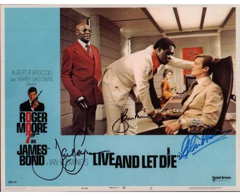 James Bond actors signed print. 16 x 12 inch colour print of a lobby card from the James Bond film Live and Let Die. Autograp