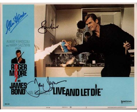 James Bond actors signed print. 16 x 12 inch colour print of a lobby card from the James Bond film Live and Let Die. Autograp