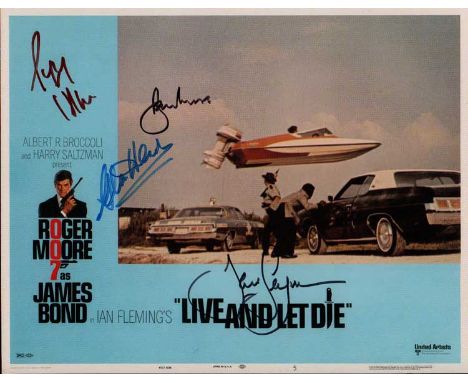 James Bond actors signed print. 16 x 12 inch colour print of a lobby card from the James Bond film Live and Let Die. Autograp