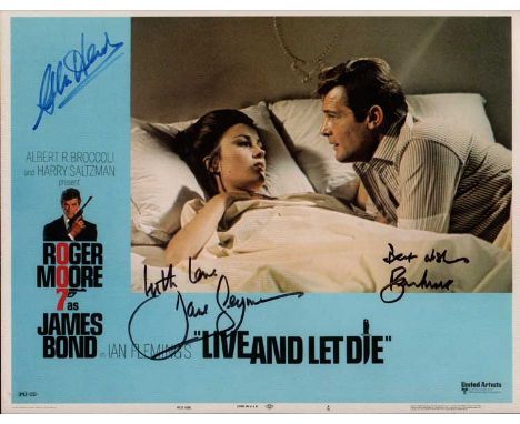 James Bond actors signed print. 16 x 12 inch colour print of a lobby card from the James Bond film Live and Let Die. Autograp