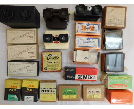 A quantity of stereoscopic viewers, slides, Iford HP plates, lantern slides, etc.