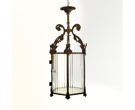 HALL LANTERN, late 19th century brass hexagonal frame and fluted glass, 82cm H x 36cm W.