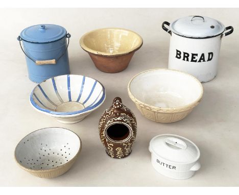 SALTGLAZE SALT, vintage brown and white together with an early ceramic butter dish, tin glaze bread bin and mixing bowls etc.